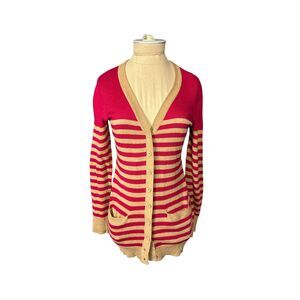 Tabitha Red Tan Striped Cardigan Cotton Cashmere Size XS